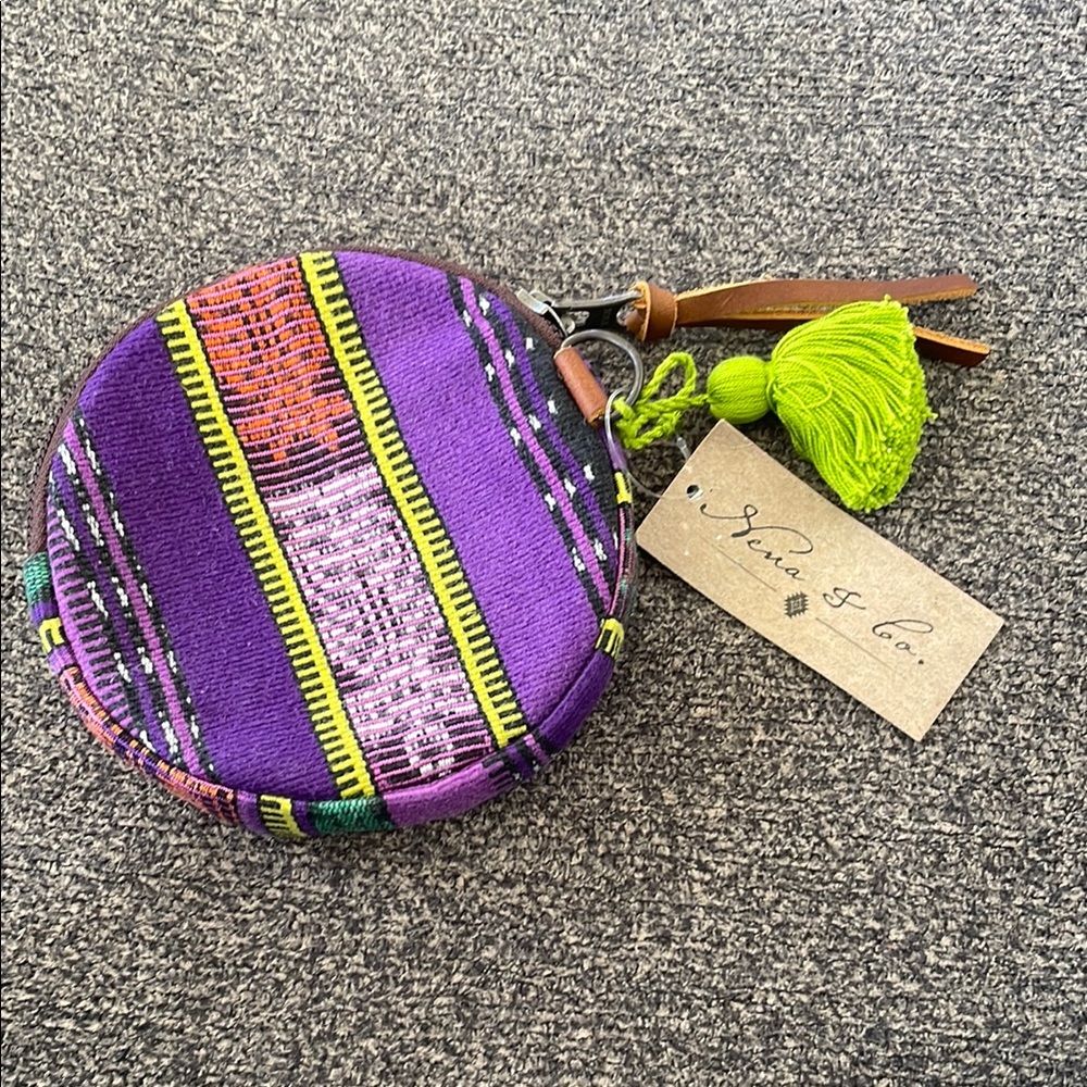 Nena & Co. Handwoven Round Circle Coin Purse with Green Tassel - Purple & Yellow